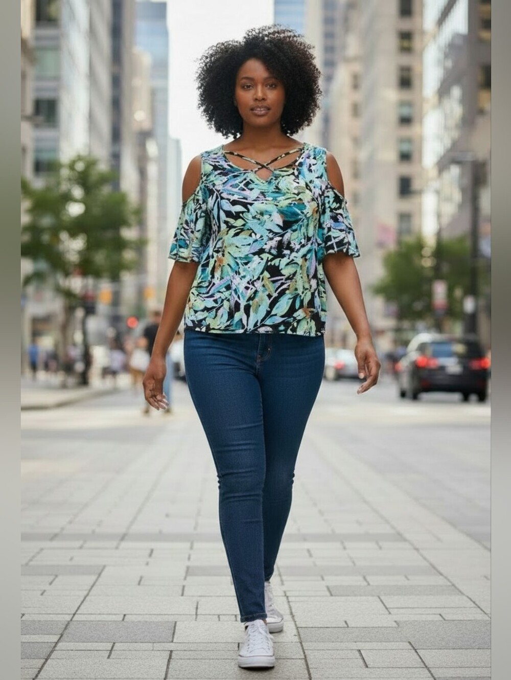 Catherines Tropical Wish Blue Leaf Print Cold Shoulder Top Size 3X (26/28W) NWT